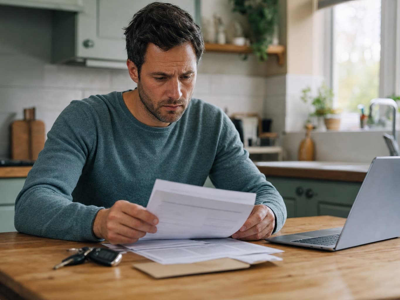 A car owner reviewing a finance agreement and paperwork at their kitchen table