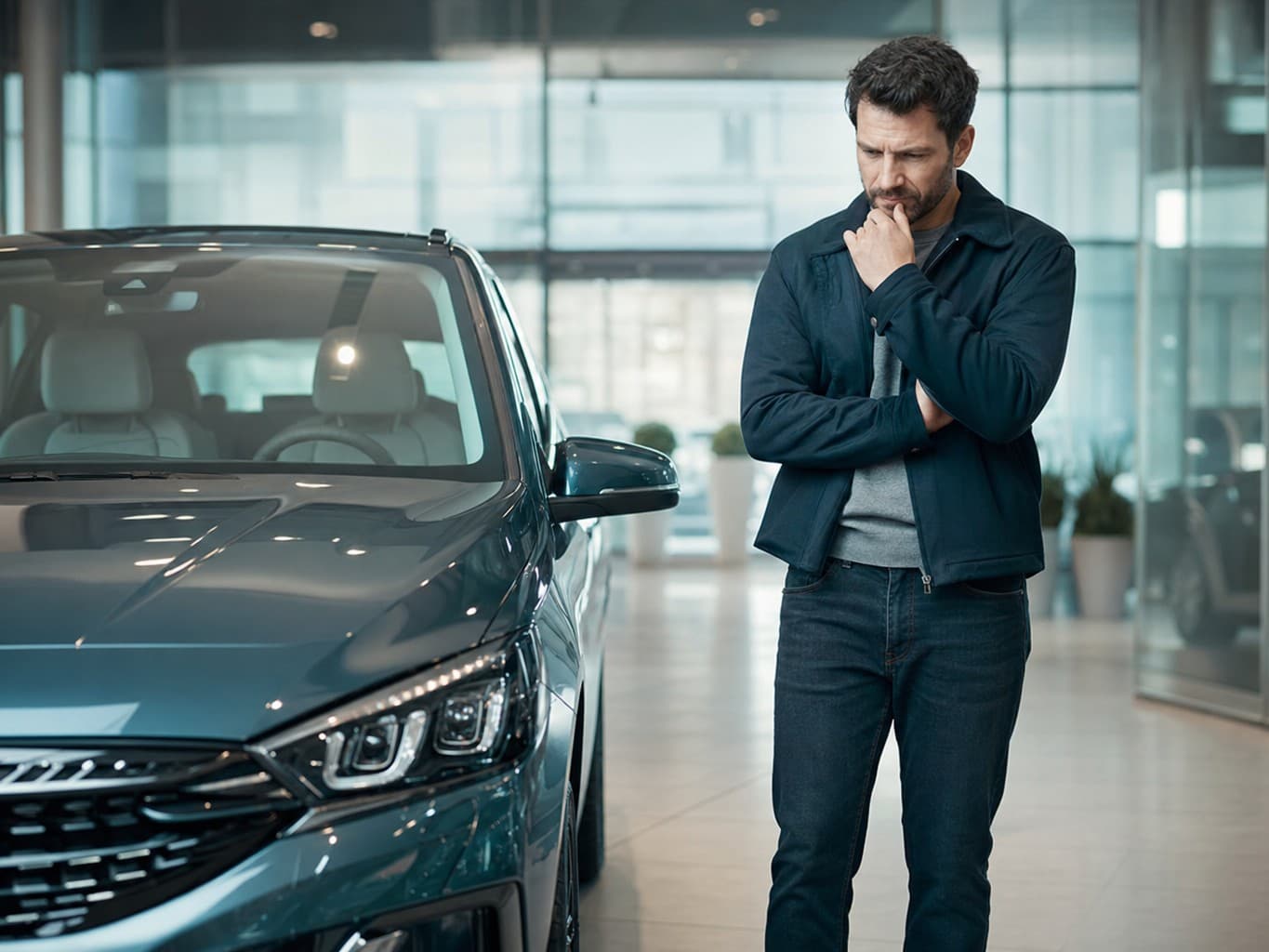 A buyer inspecting a brand-new car in a dealership showroom