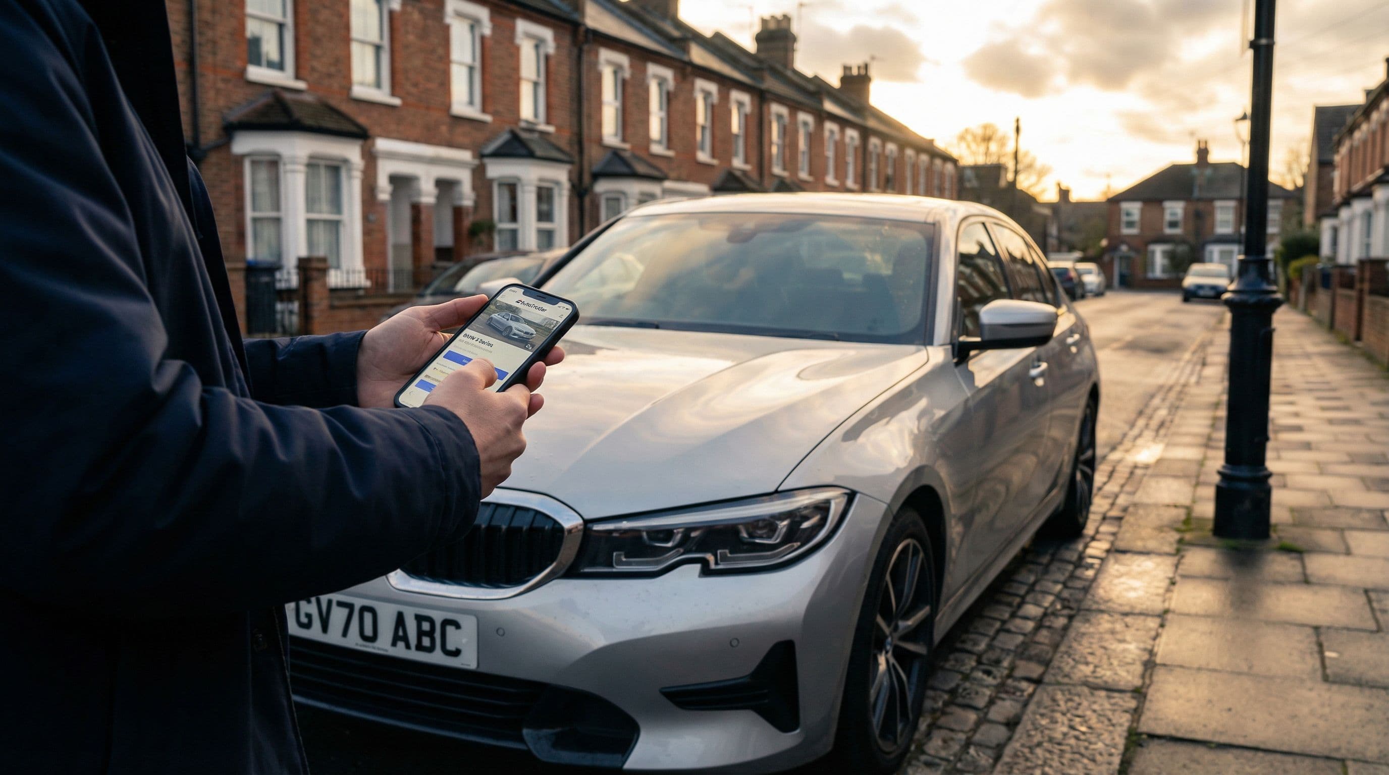 Hands hold smartphone showing car purchase website beside vehicle on British street