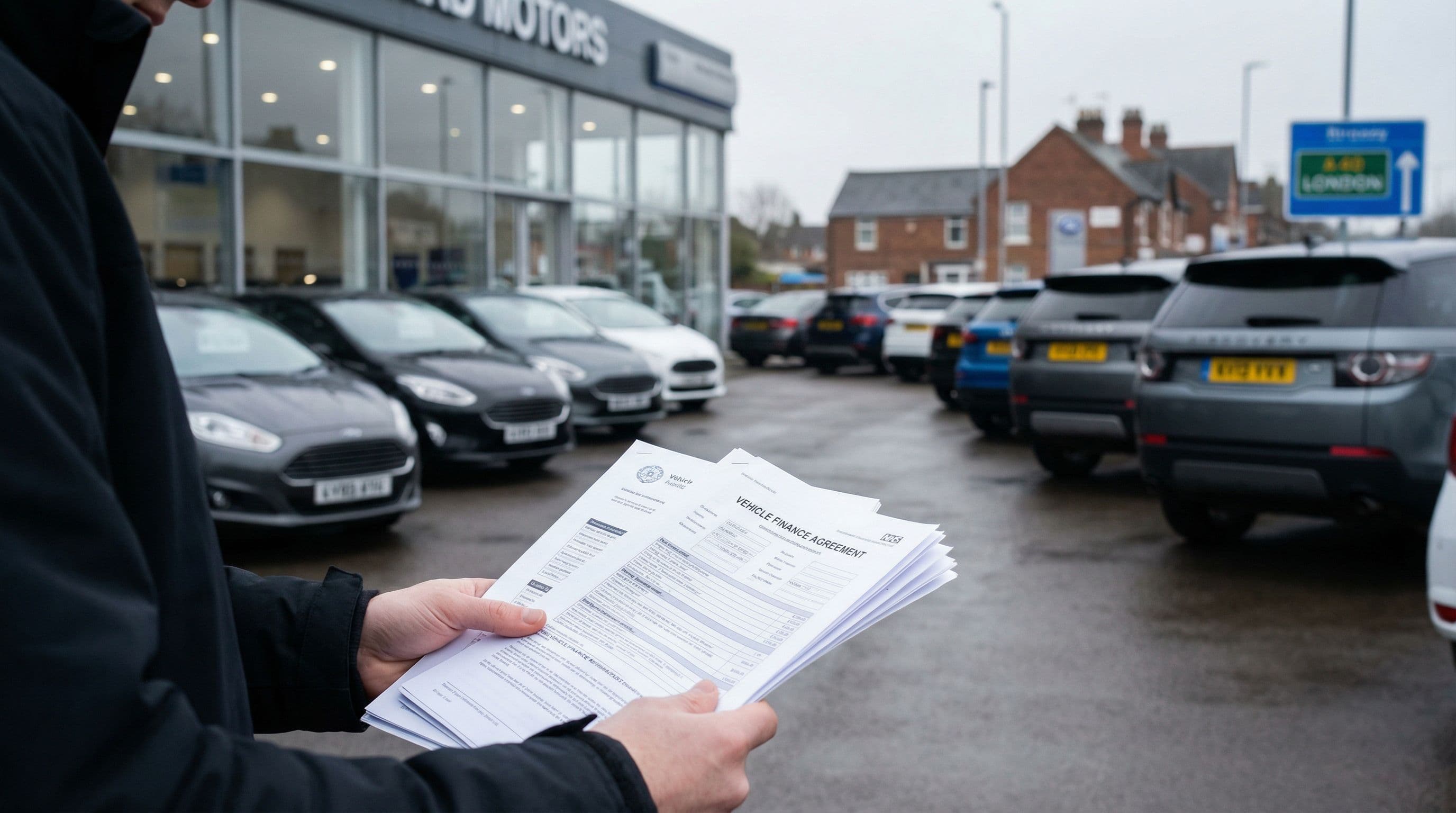 Customer reviews car finance documentation at a UK dealership forecourt
