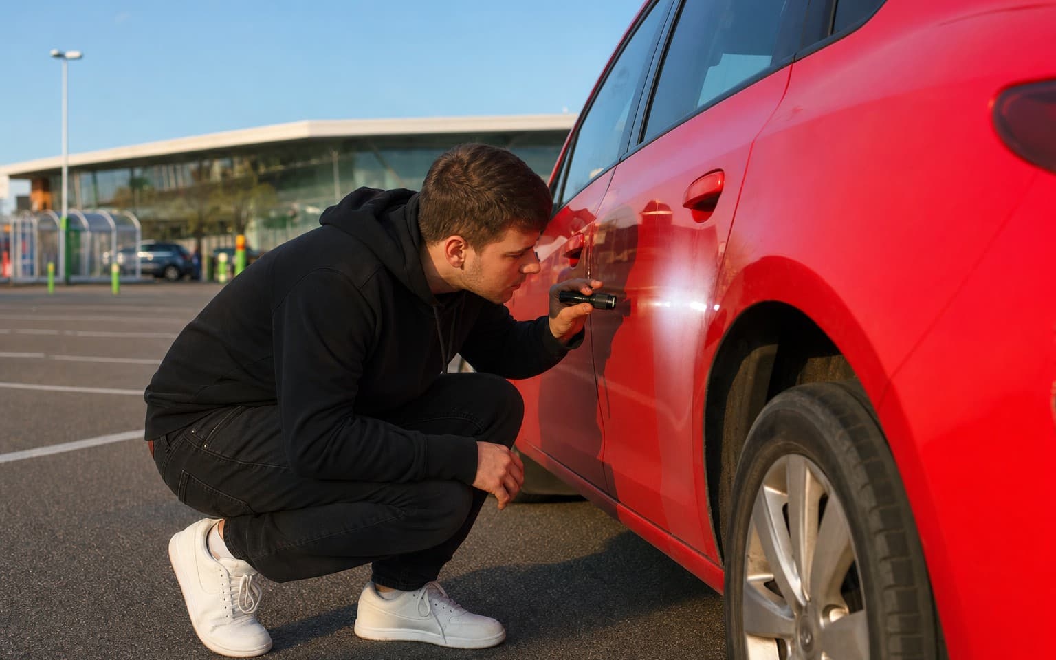 A young man crouched with a torch on the door panel of a red supermini in a supermarket car park