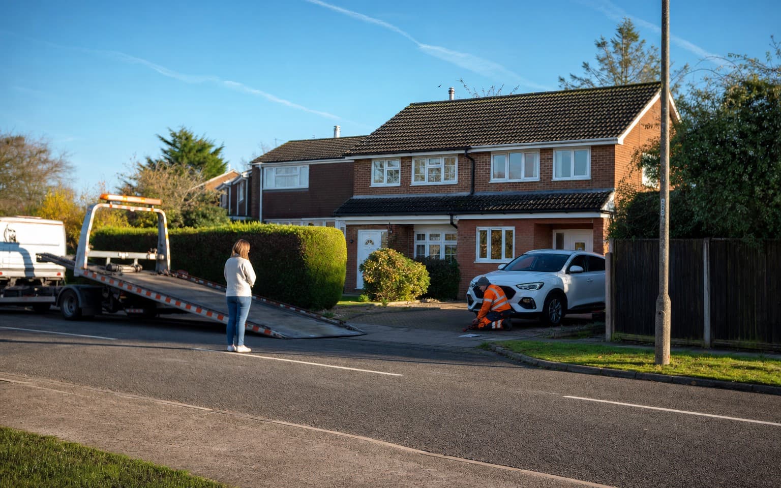 A woman watching from the pavement as a recovery truck collects her white small SUV from the drive of a brick semi