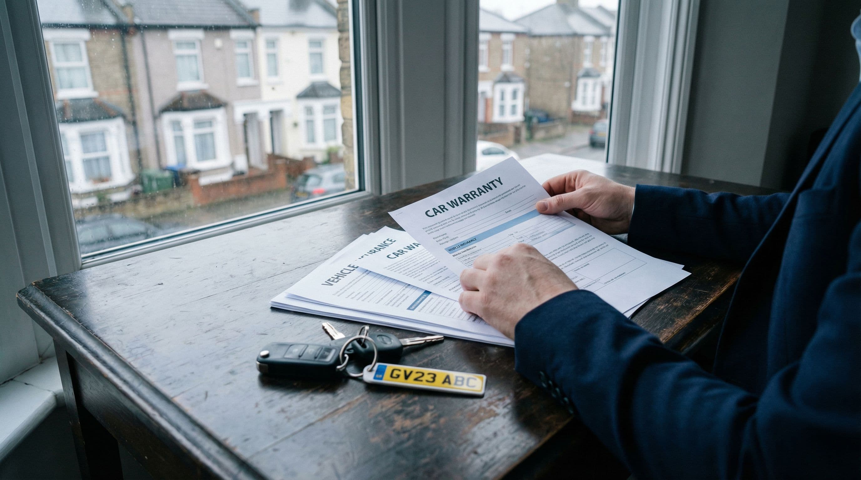 Car owner reviews extended warranty documentation and insurance policies at home