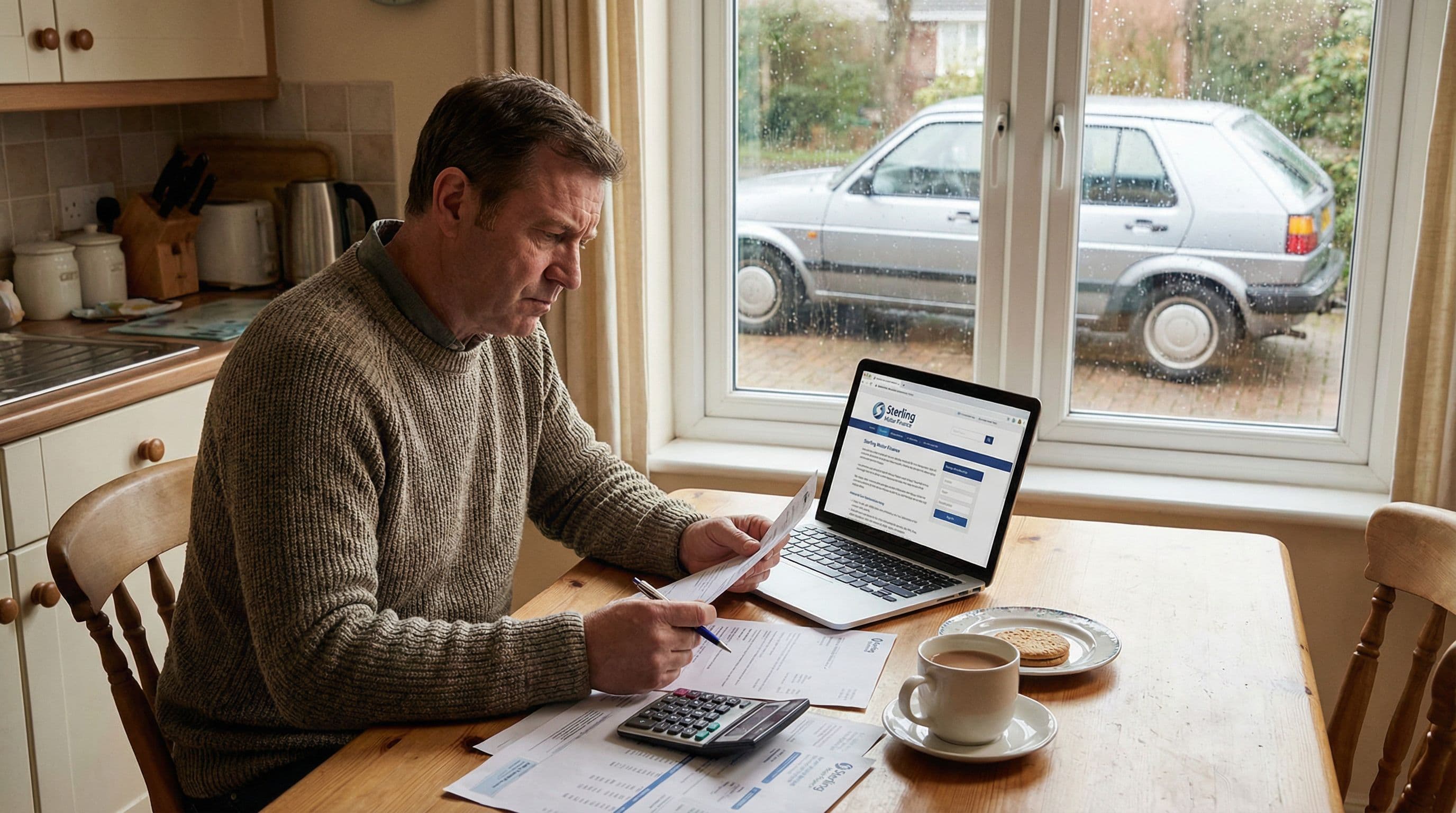 Person reviewing car finance paperwork at their kitchen table with a laptop