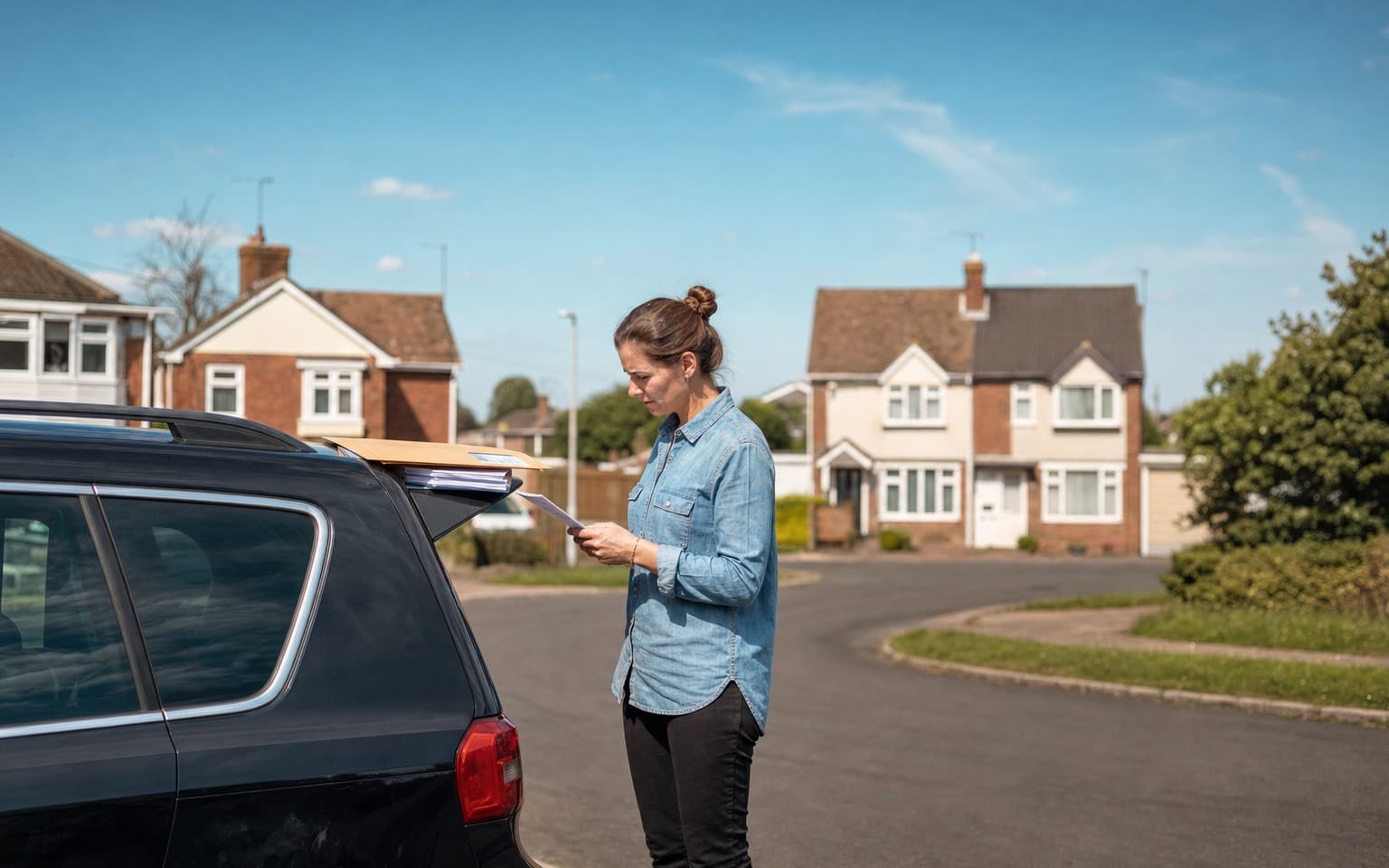 A woman reading a letter beside her black MPV in a quiet cul-de-sac, a folder resting on the roof