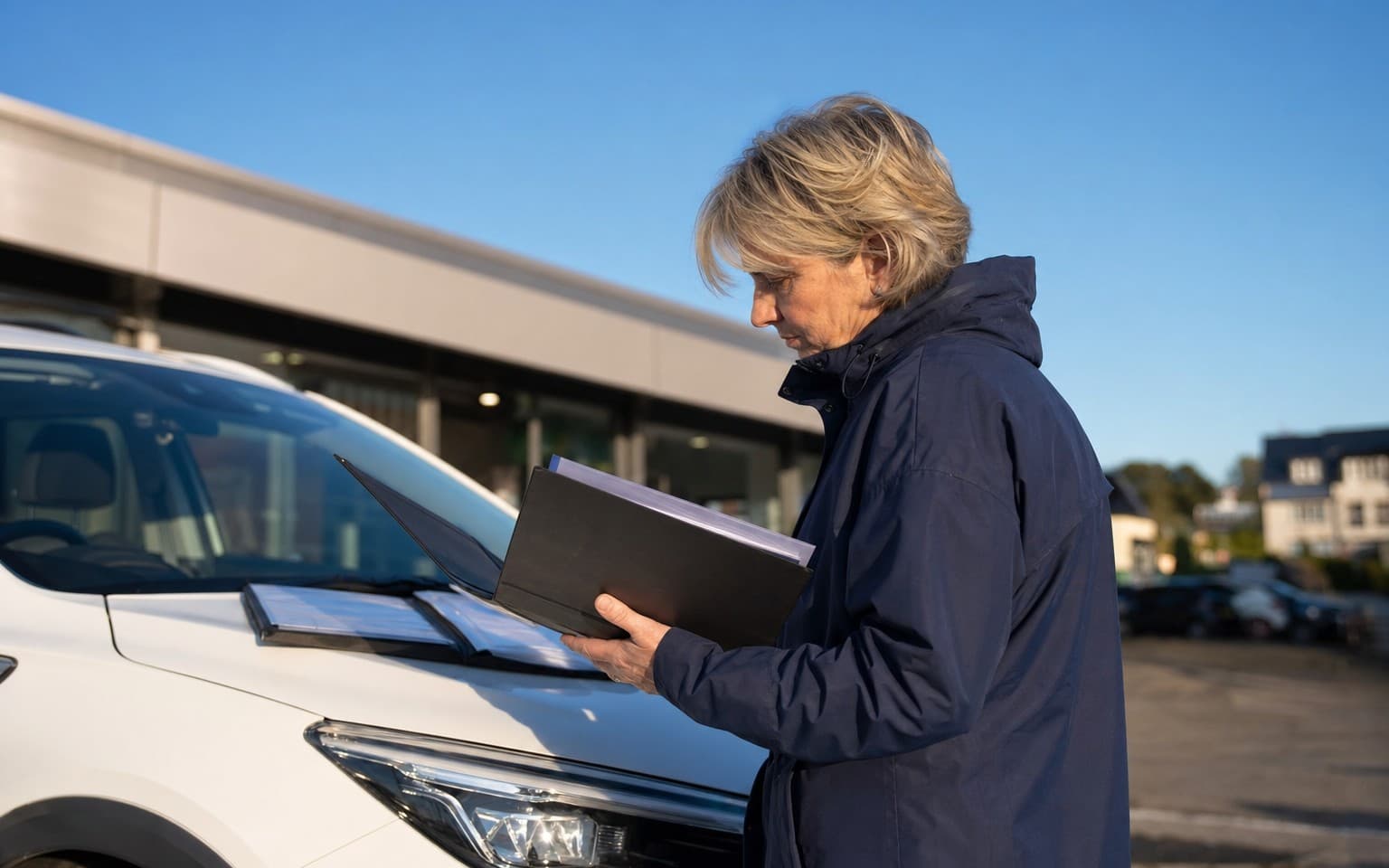 A woman reading a folder of finance paperwork at the bonnet of her white SUV on a dealership forecourt