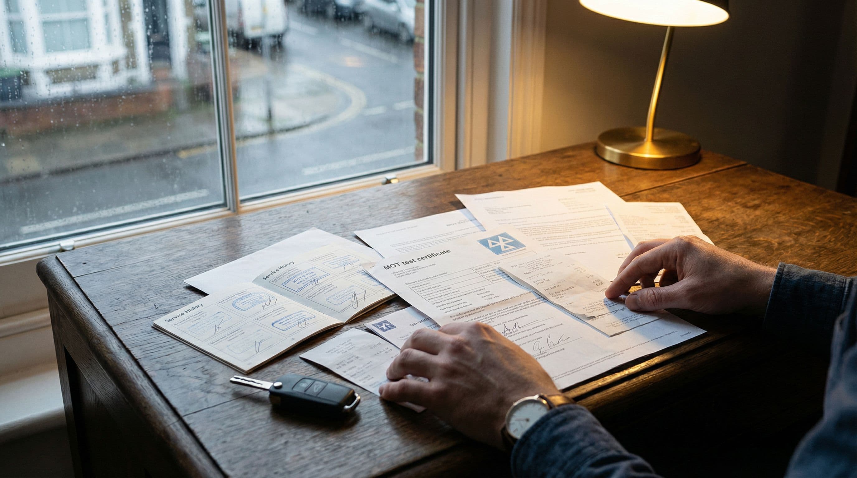 Driver organizes essential vehicle documentation and service records on desk