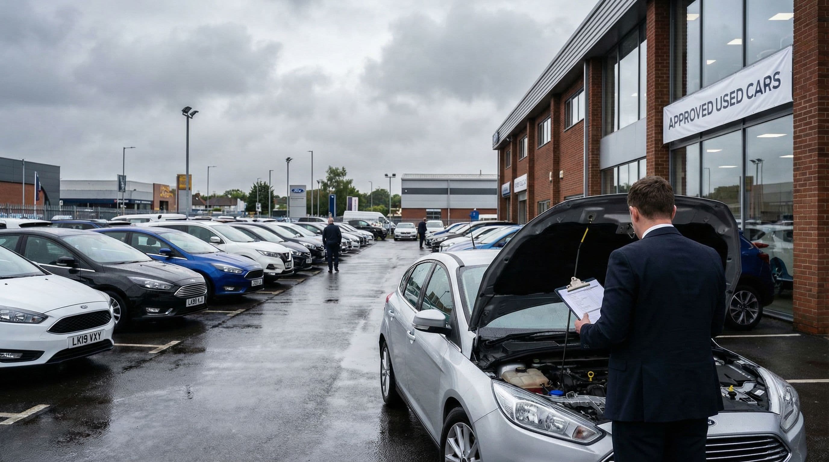 A dealer reviews vehicle documentation on a busy UK forecourt