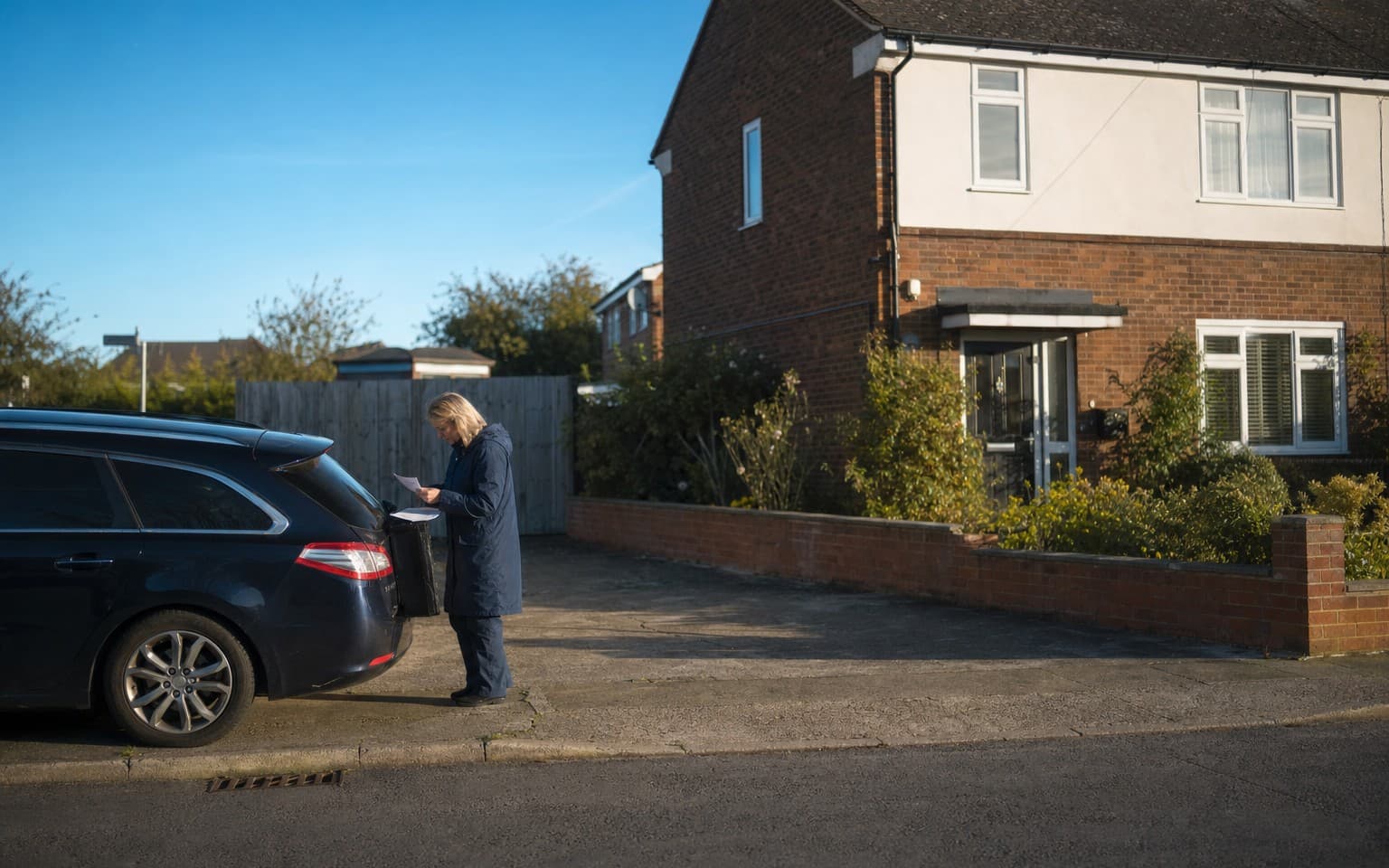 A woman reading a letter at the open boot of her dark blue estate on the drive of a semi-detached house