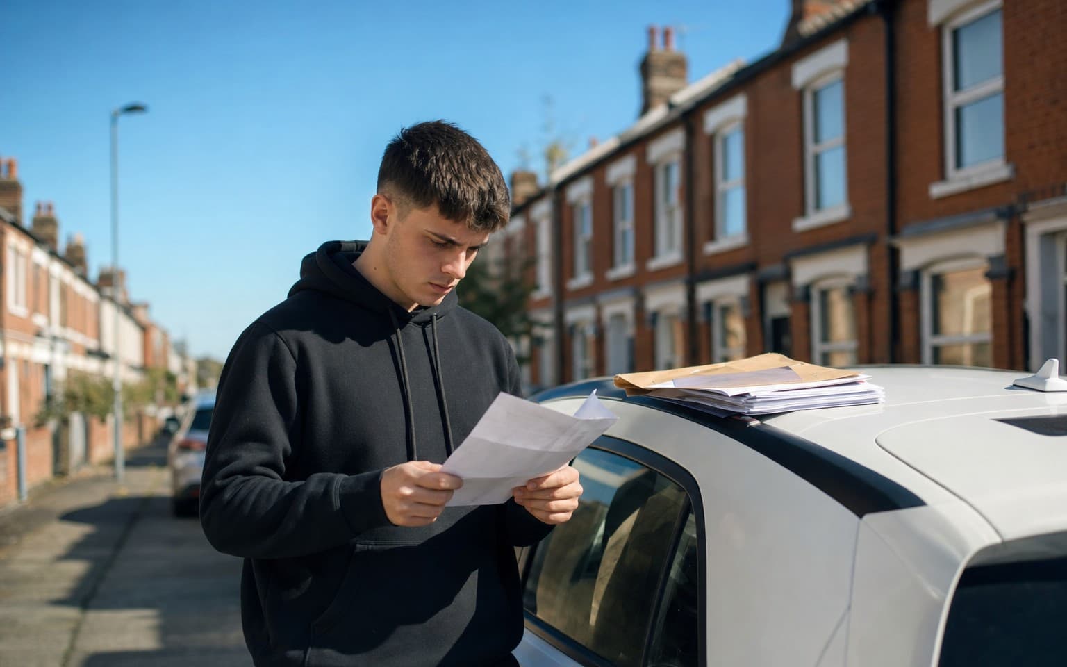 A young man reading a finance letter beside his white small SUV on a street of terraced houses, a folder of paperwork on the roof