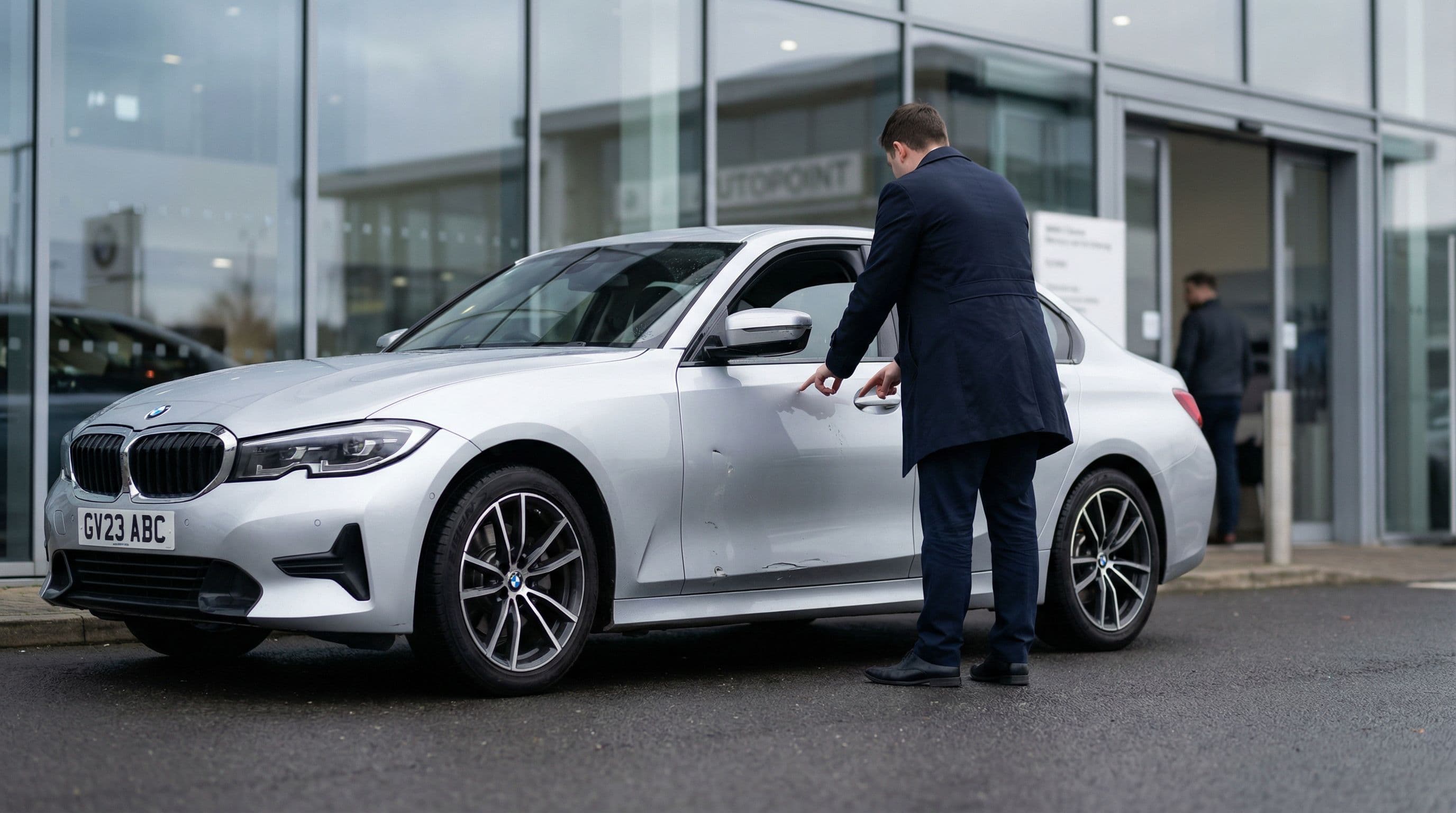 Customer examines ex-demo vehicle for defects outside UK dealership