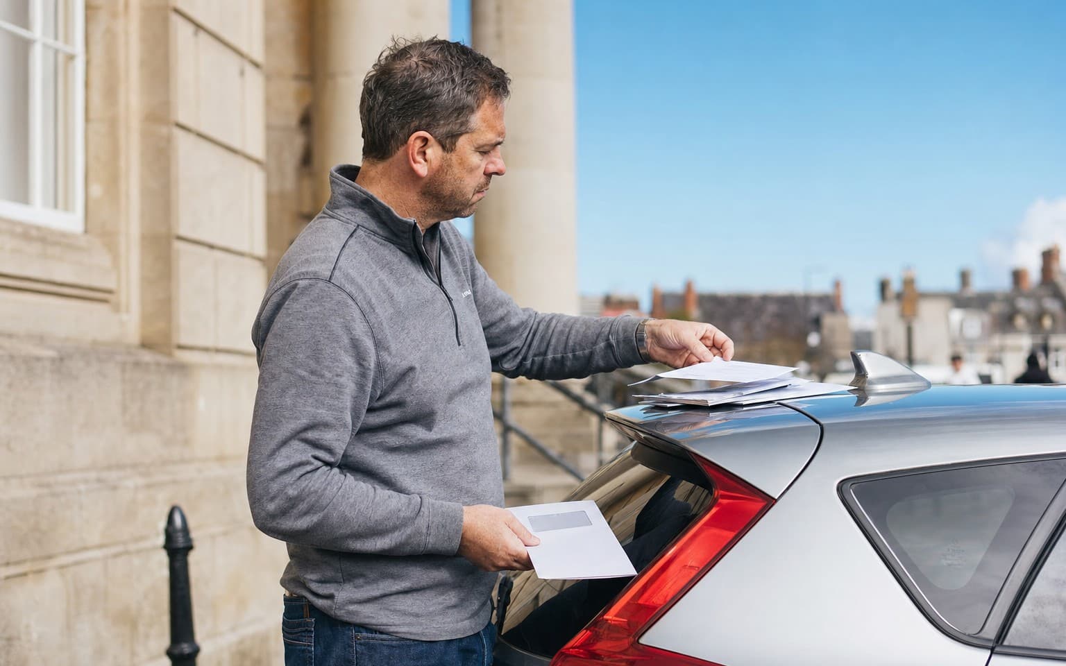 A man sorting a lender’s letters on the roof of his silver hatchback outside a town hall, a windowed envelope in his hand
