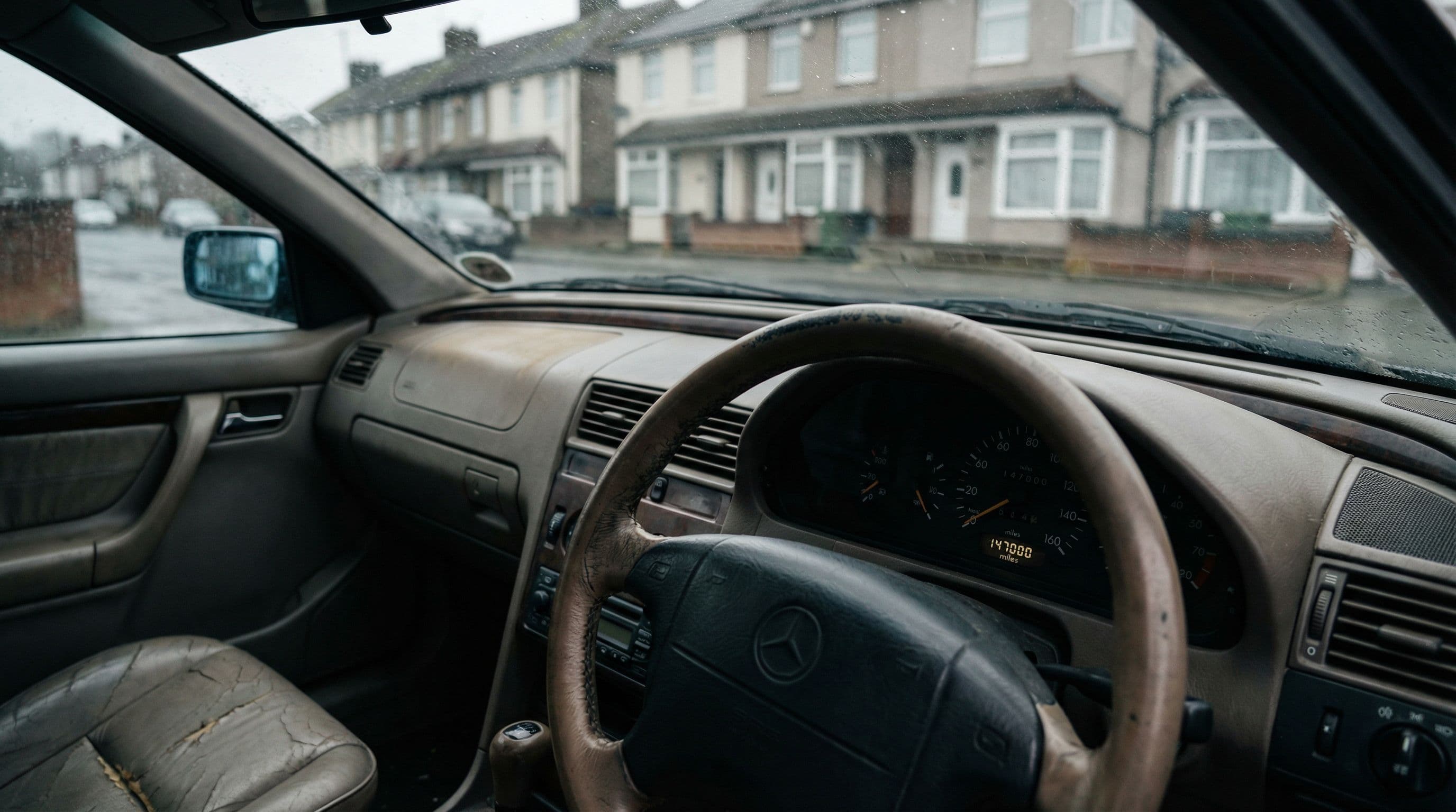 Dashboard of an older car showing very high mileage with a worn interior