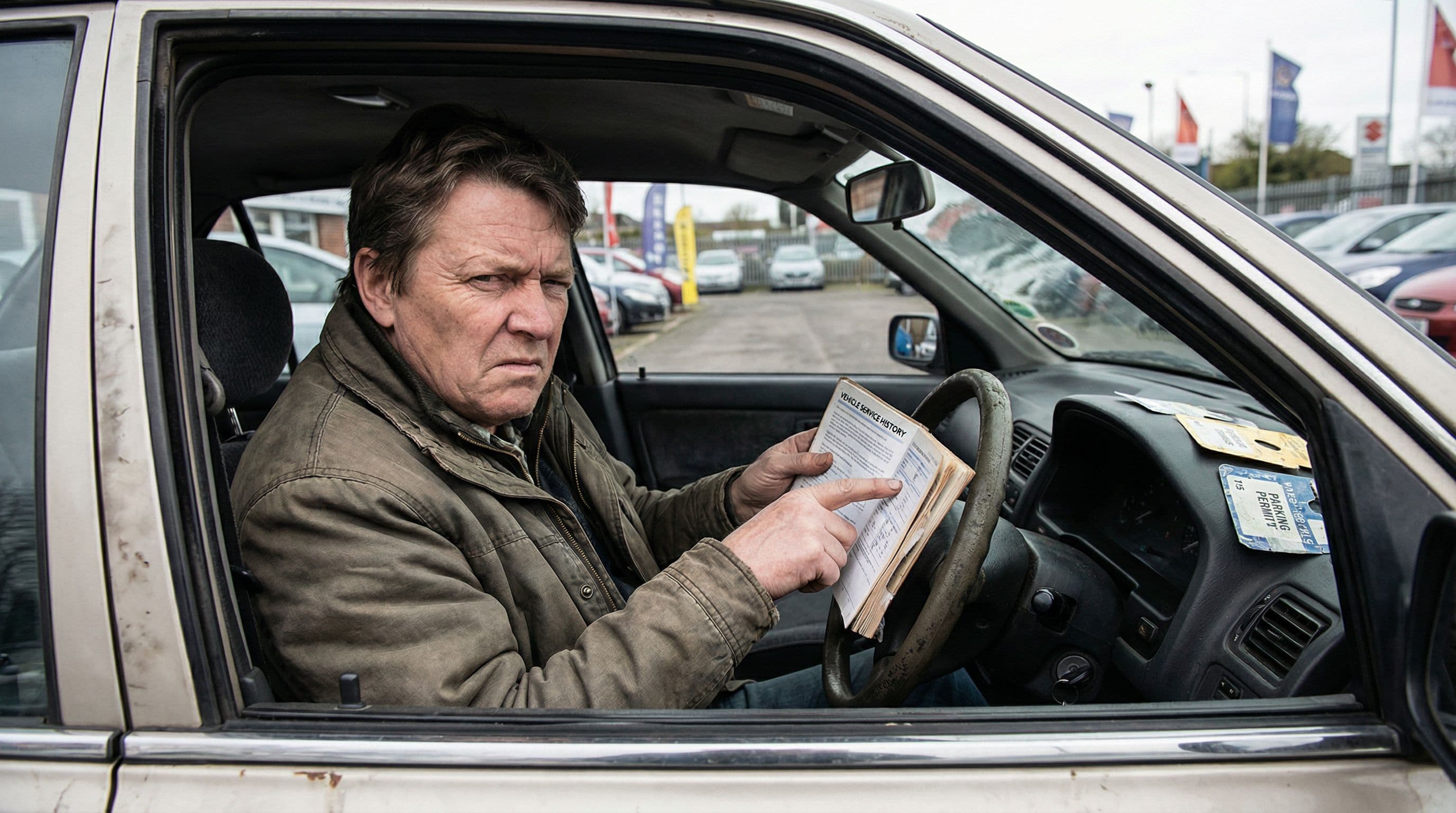 Person flipping through a car service book with a suspicious expression