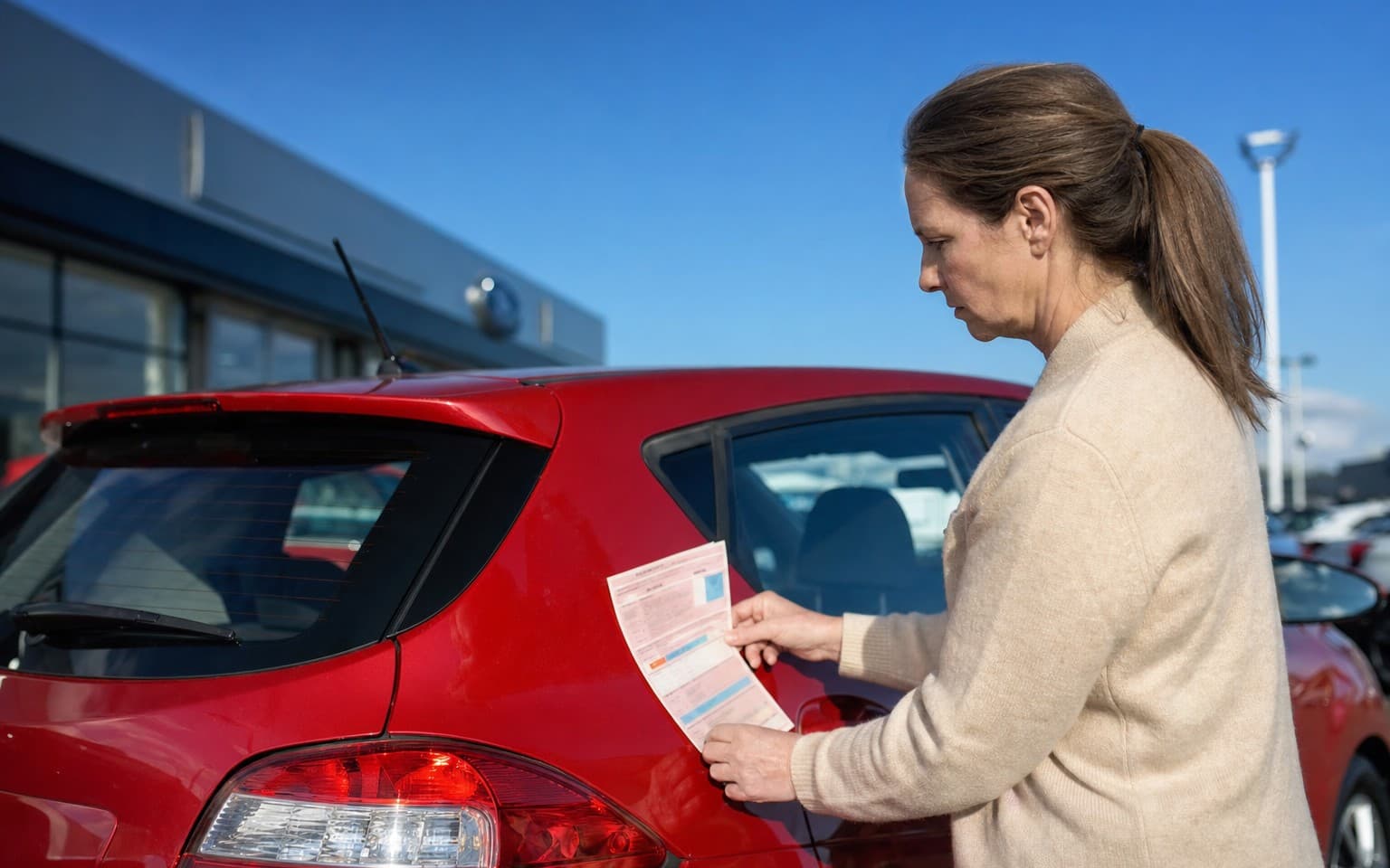 A woman holding a sales document against the rear of a red supermini on a dealer forecourt