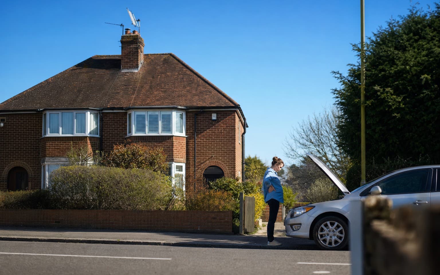 A woman at the open bonnet of her silver hatchback on the drive of a brick semi, seen from across the road under a clear blue sky