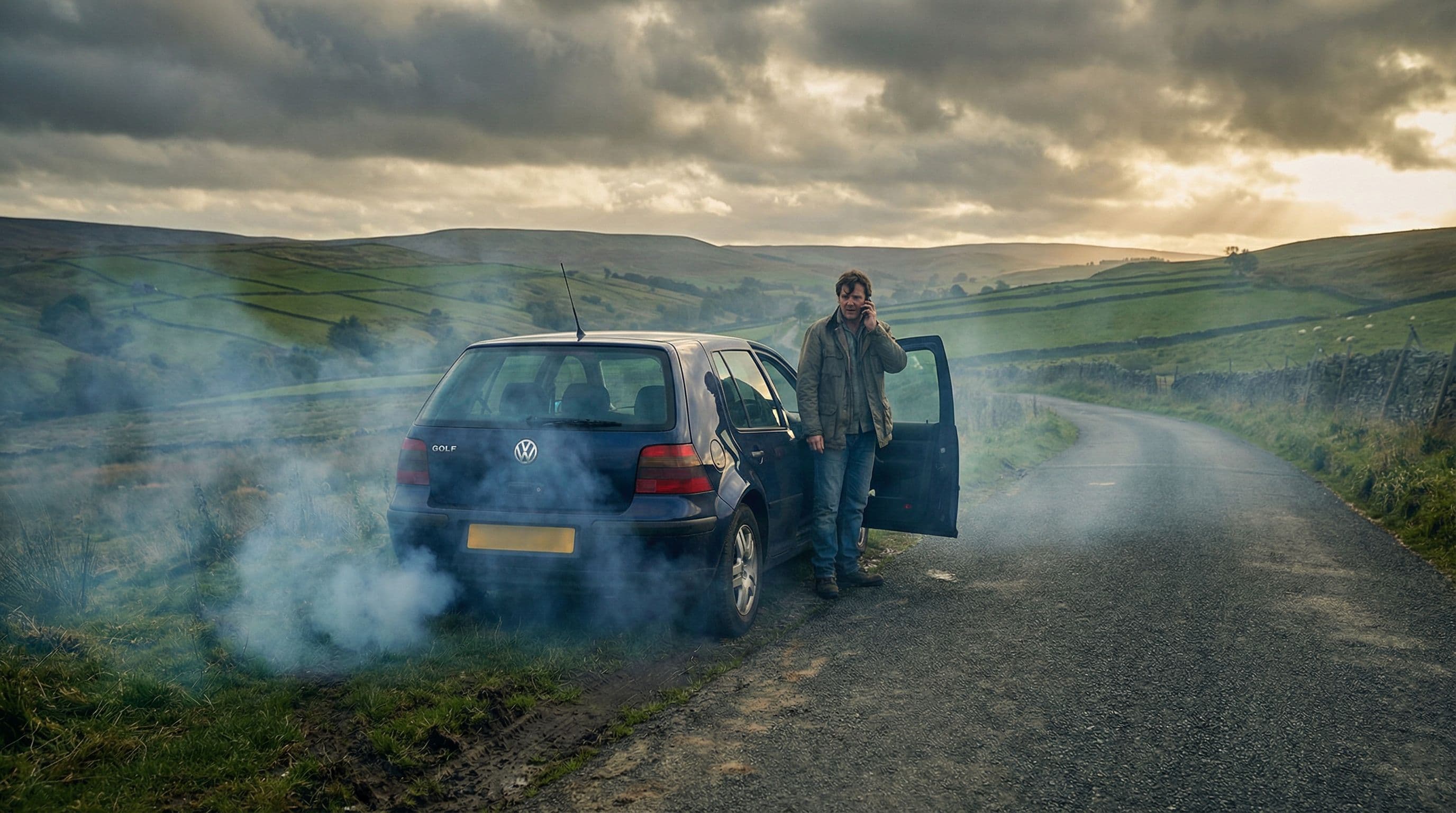 Blue smoke pouring from the exhaust of a car pulled over on a UK country road