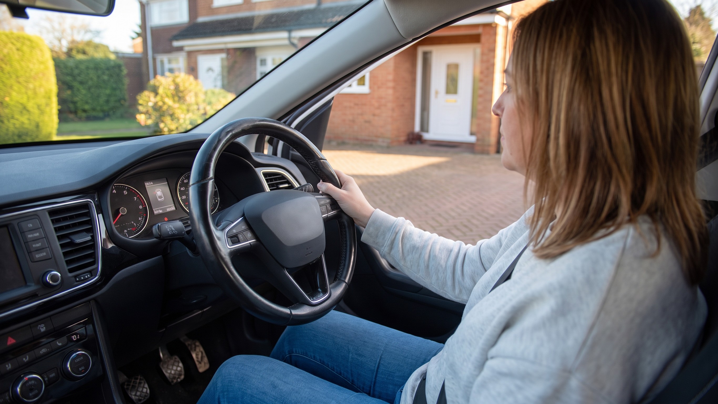 Her hand on a steering wheel worn smooth and shiny, beside an odometer showing a low mileage