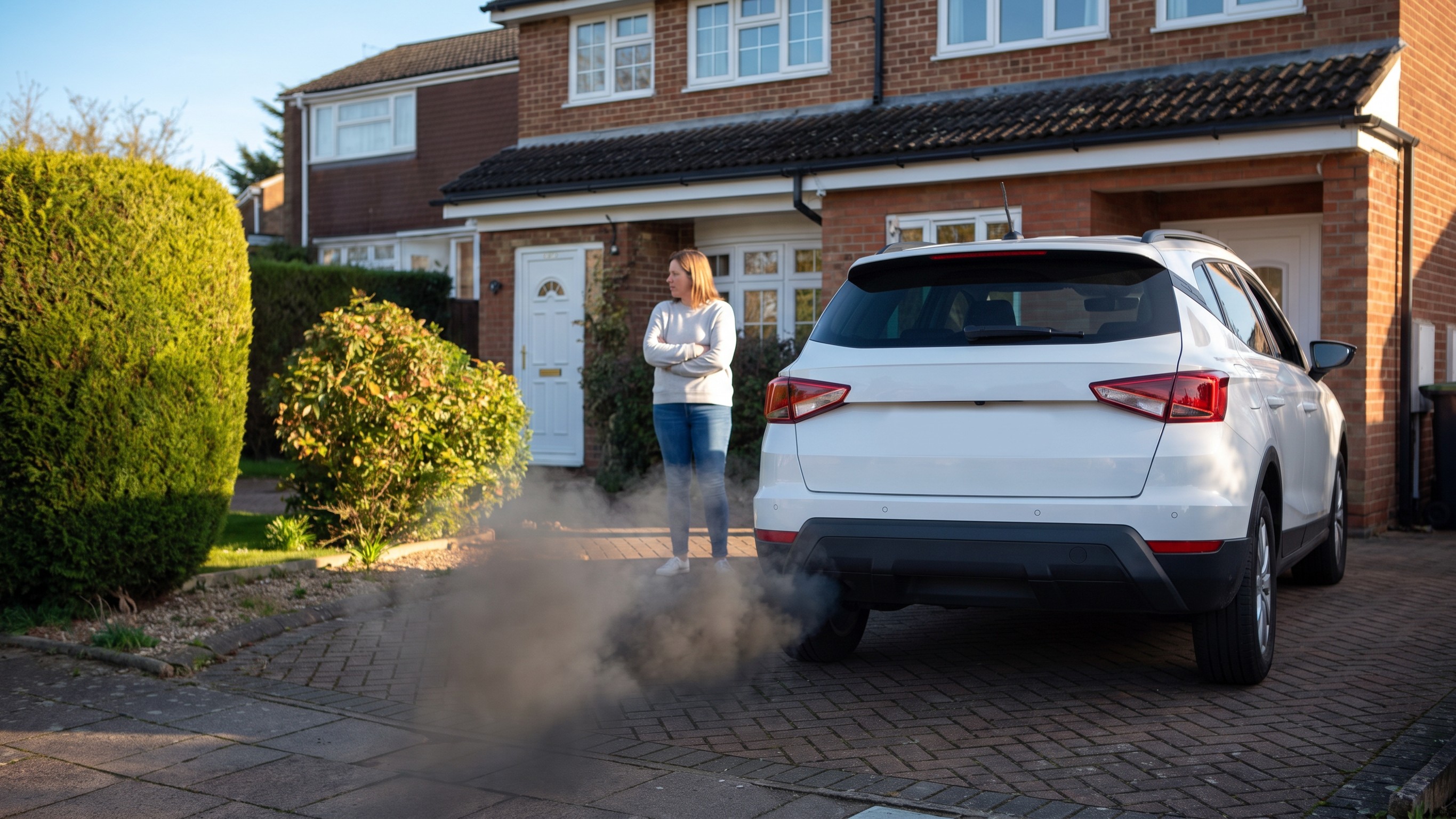 A puff of black smoke from the exhaust of the white SUV on the drive while she watches from a few steps back