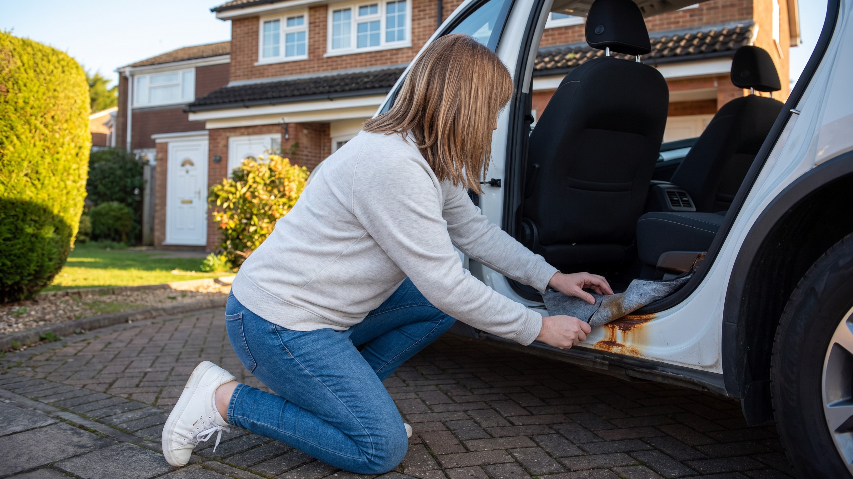 Kneeling on the drive at the open rear door, peeling back the edge of the carpet to show a tide mark on the underfelt and rust on the sill