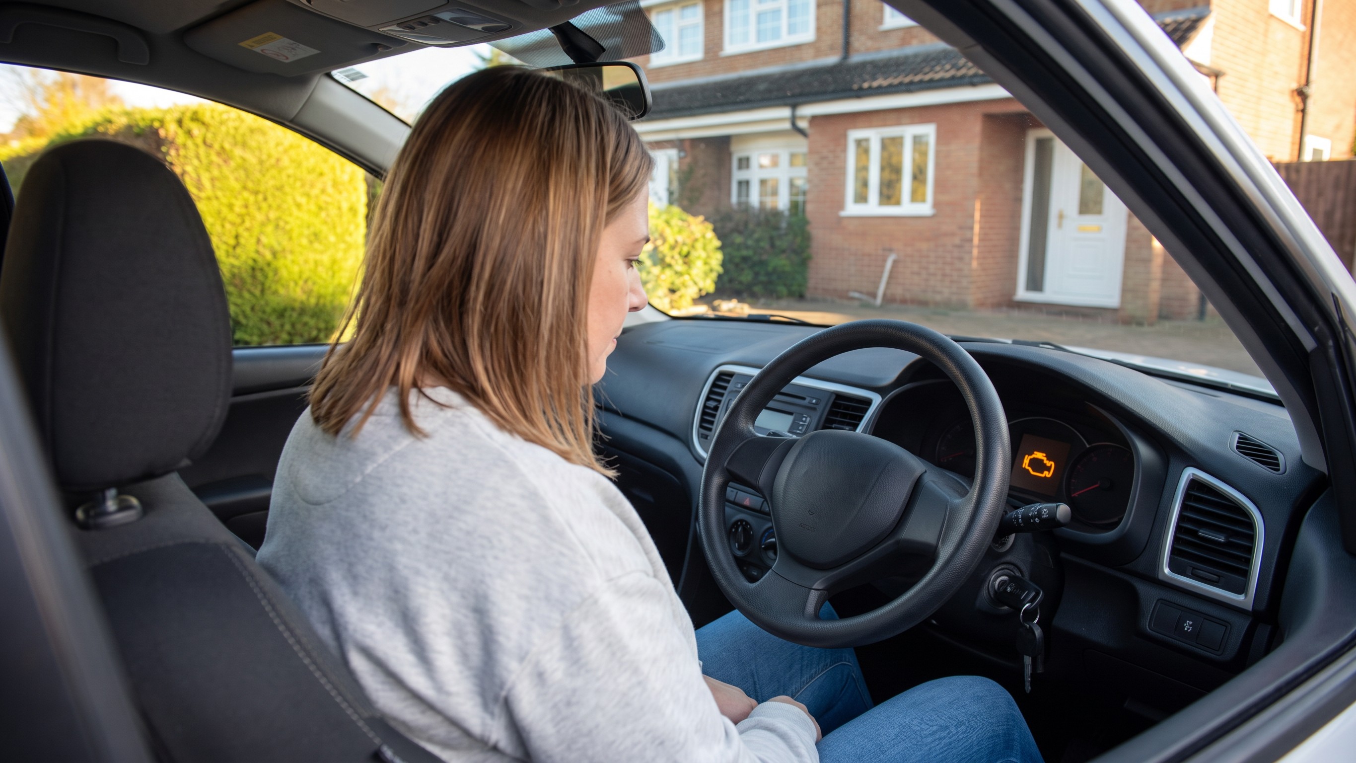 From the back seat: the same owner at the wheel on her drive at first start, looking down at the amber engine warning symbol lit on the dashboard
