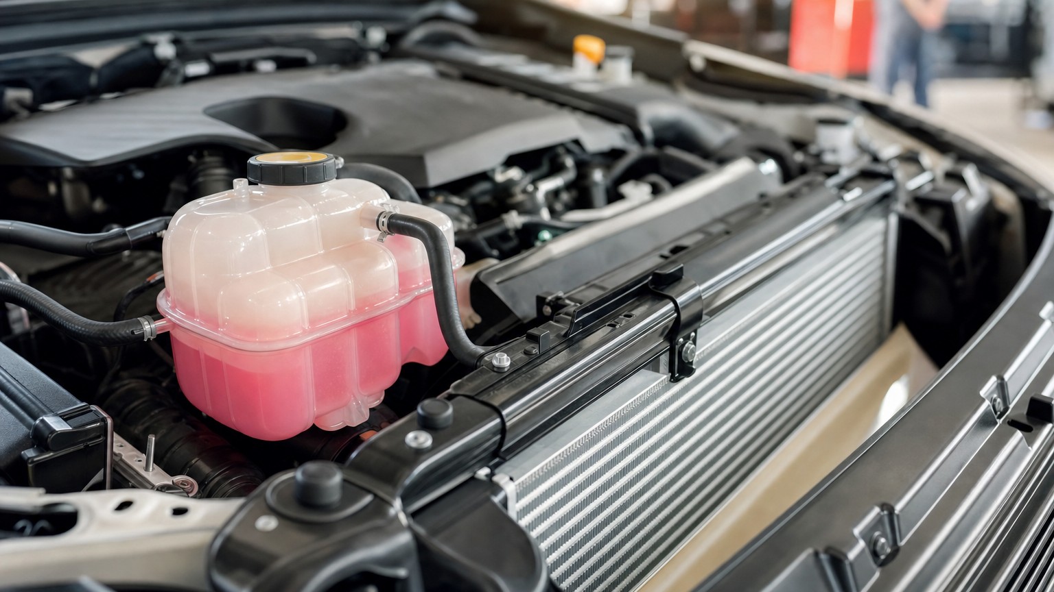A car engine bay showing the coolant reservoir and radiator