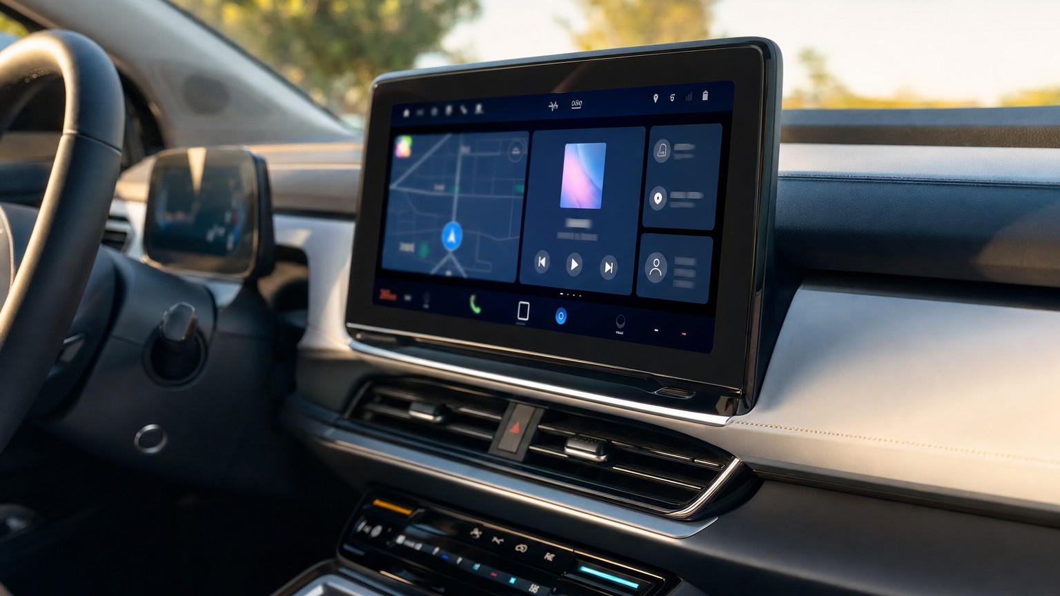 A car's infotainment screen and dashboard electronics