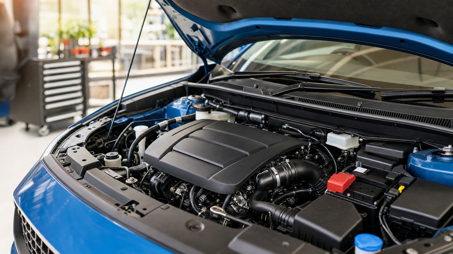 A used car engine bay open for inspection in a workshop