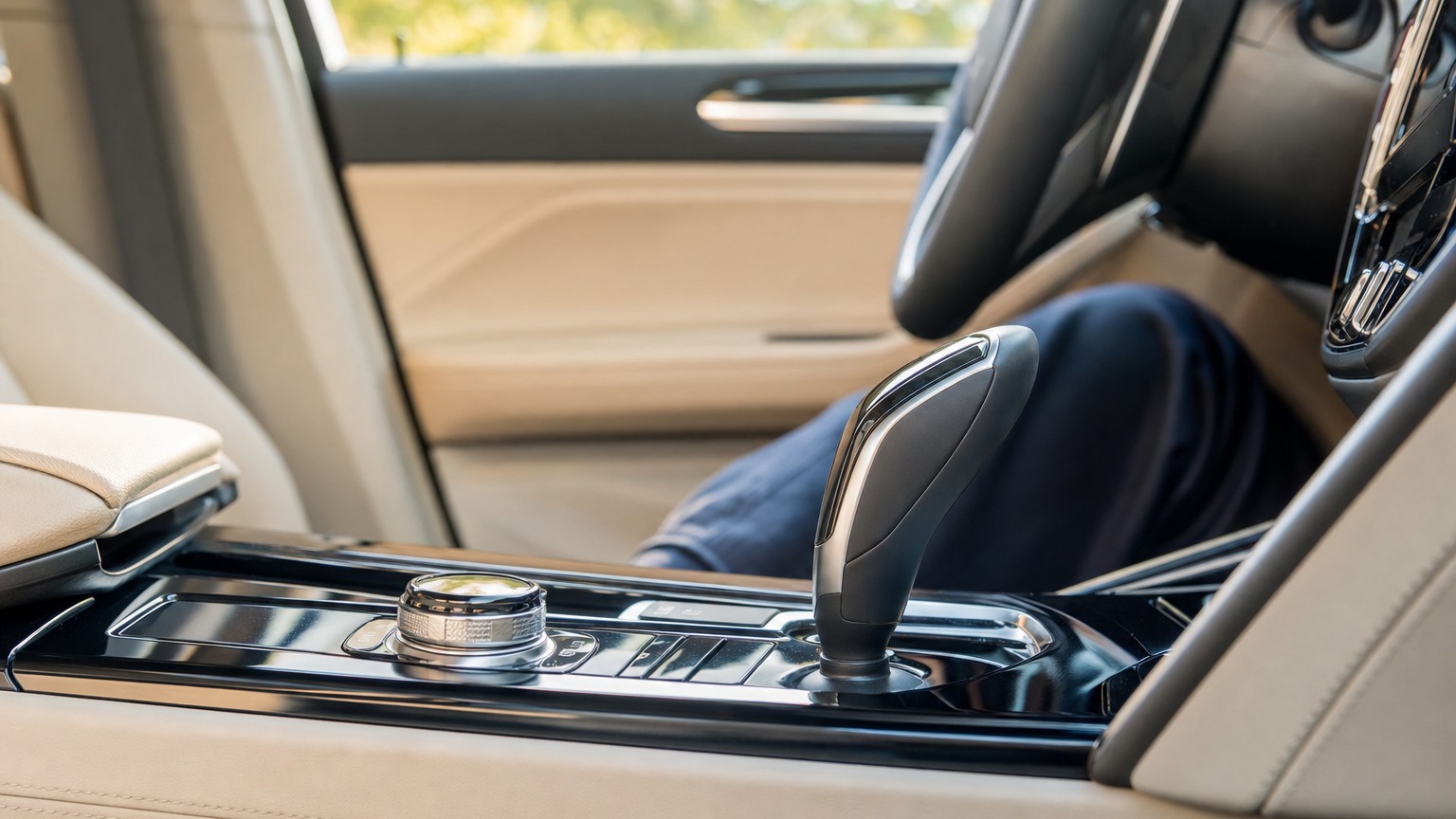 An automatic gear selector in a modern car interior