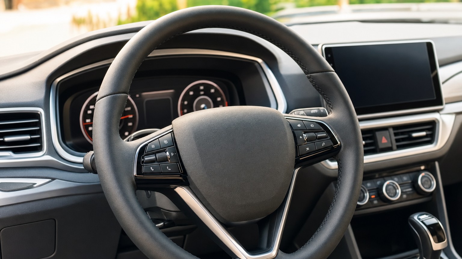 A car steering wheel and dashboard from the driver's seat