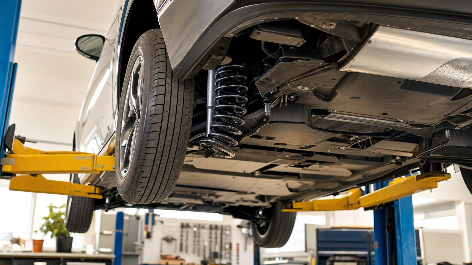 A car raised on a workshop lift showing its suspension