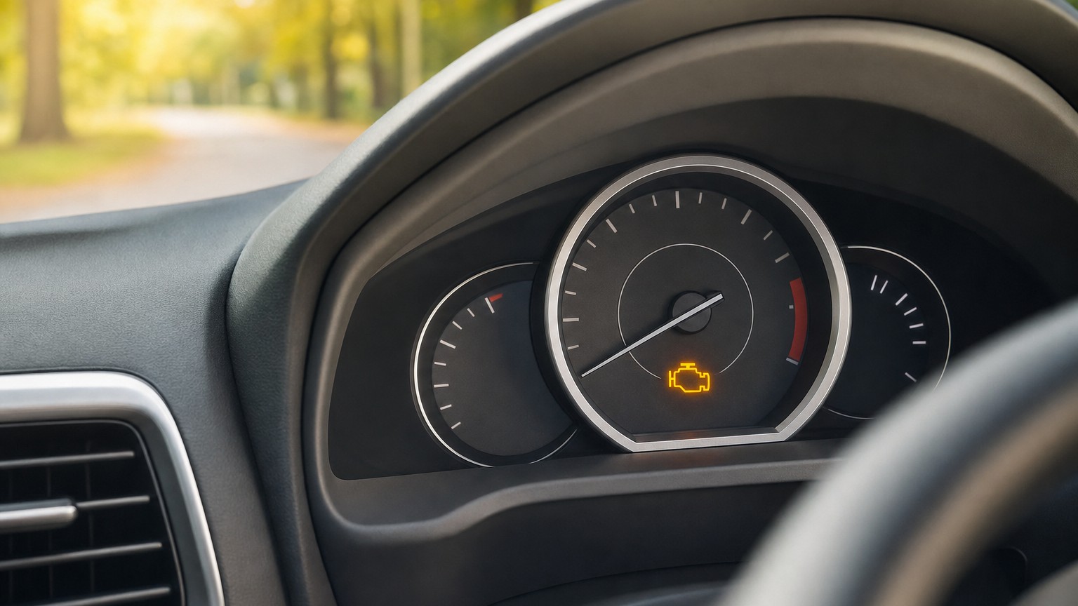 An amber engine-management warning light on a car dashboard