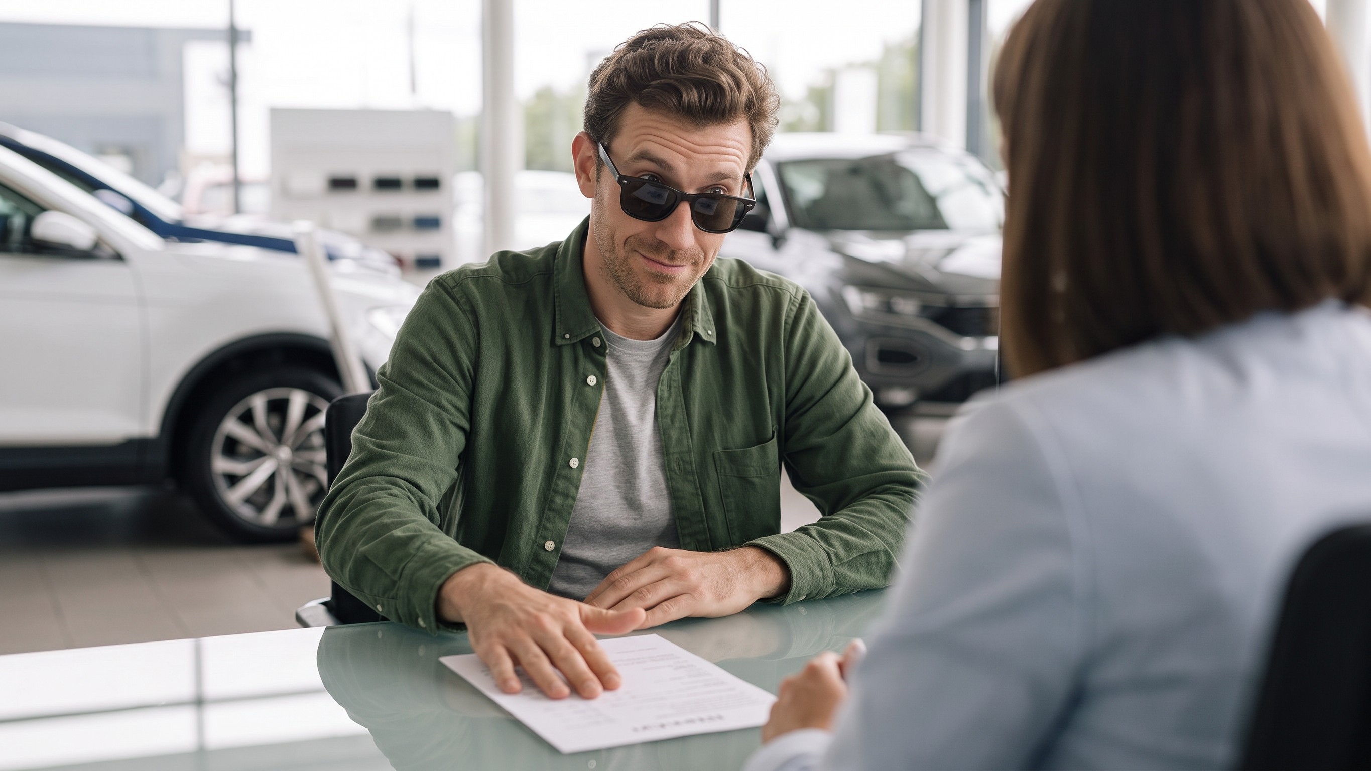 The buyer at the dealership desk, sliding the paperwork firmly back across to the salesperson