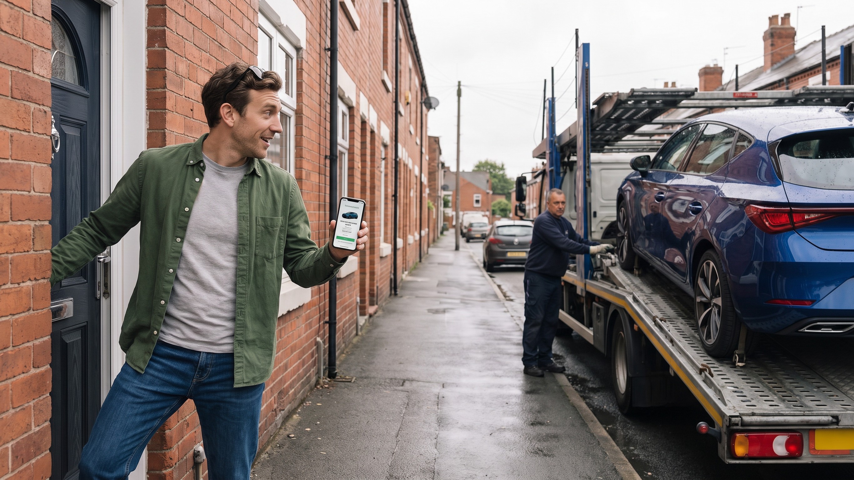 A buyer at his front door, phone in hand, as the car he ordered online arrives by transporter