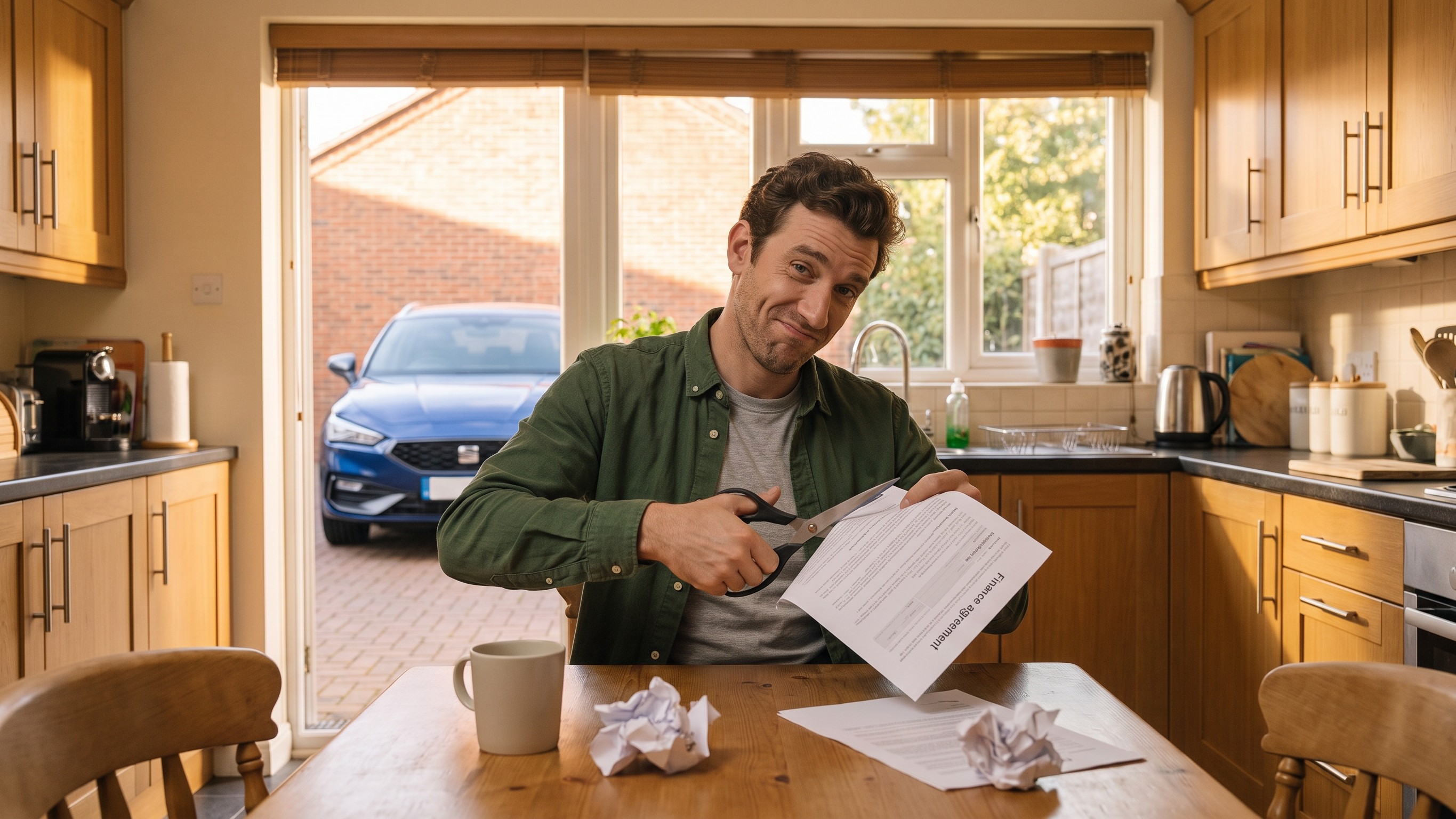 The same buyer cutting up his finance agreement at the kitchen table — while the car sits on the driveway, still very much his