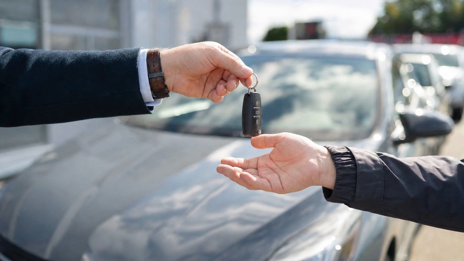 A dealer handing over the keys on delivery day, which is the day the 30-day clock starts
