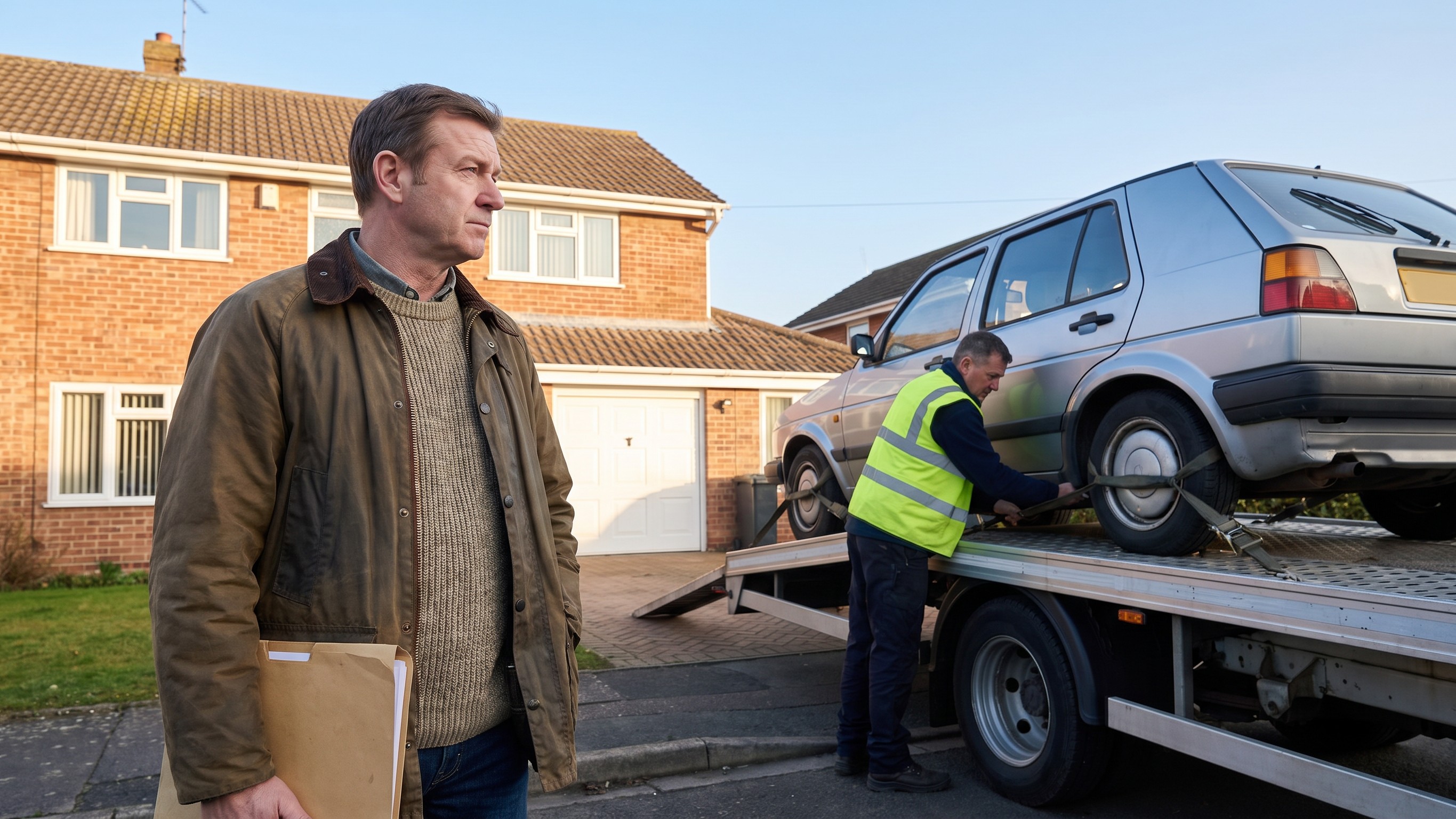 The car on a transporter at the end of the drive, the handover paperwork signed on the bonnet