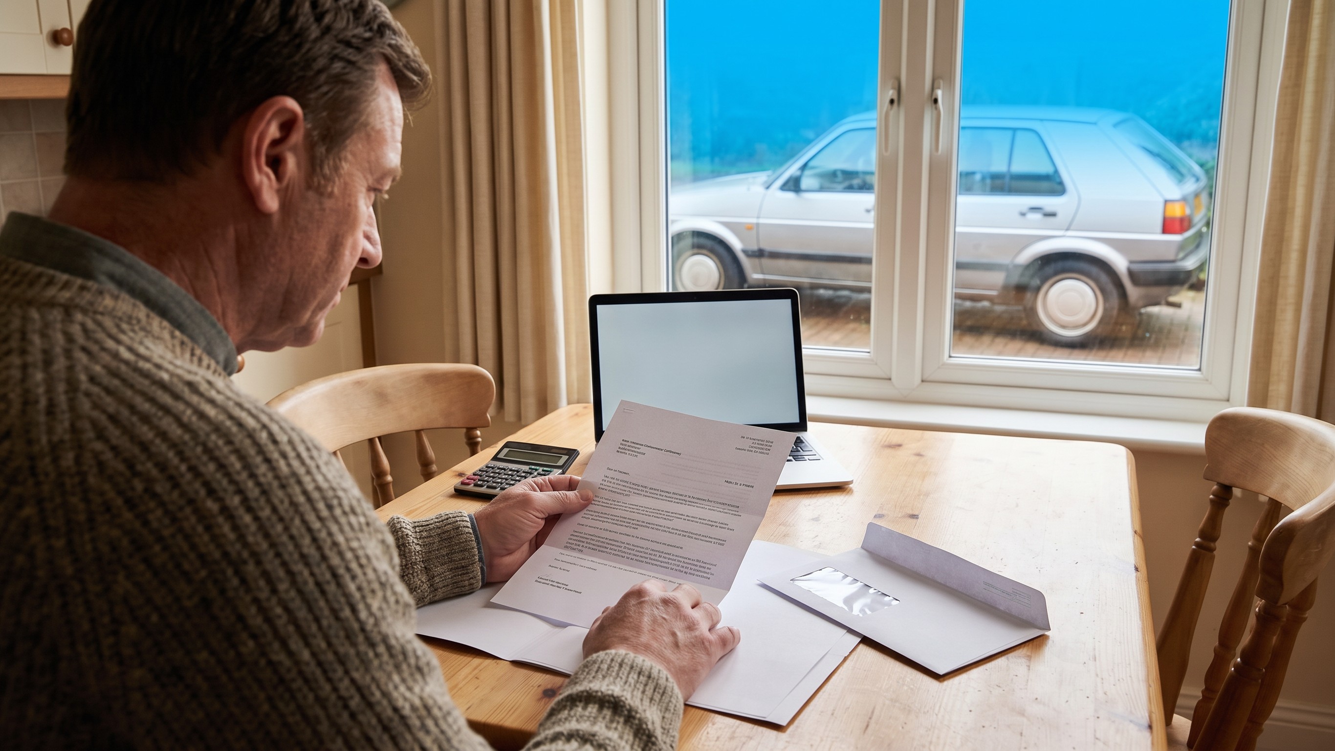 A windowed envelope from the finance company on the kitchen table beside the open credit agreement