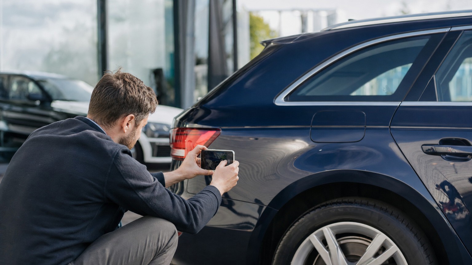 A man photographing the rear wheel arch of his estate car on a forecourt before handing it back