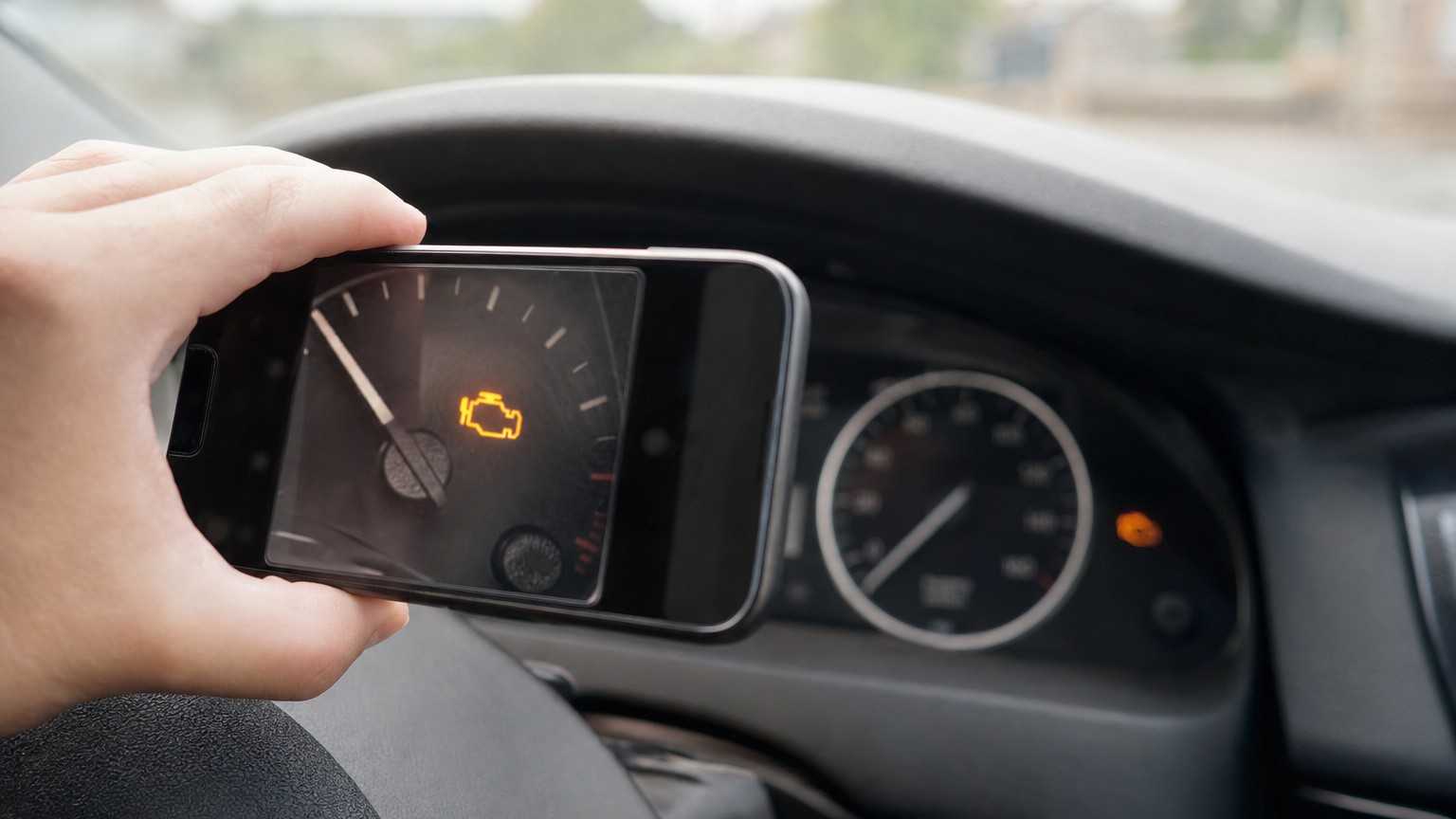 A hand holding a phone up to photograph an amber engine warning light on the dashboard