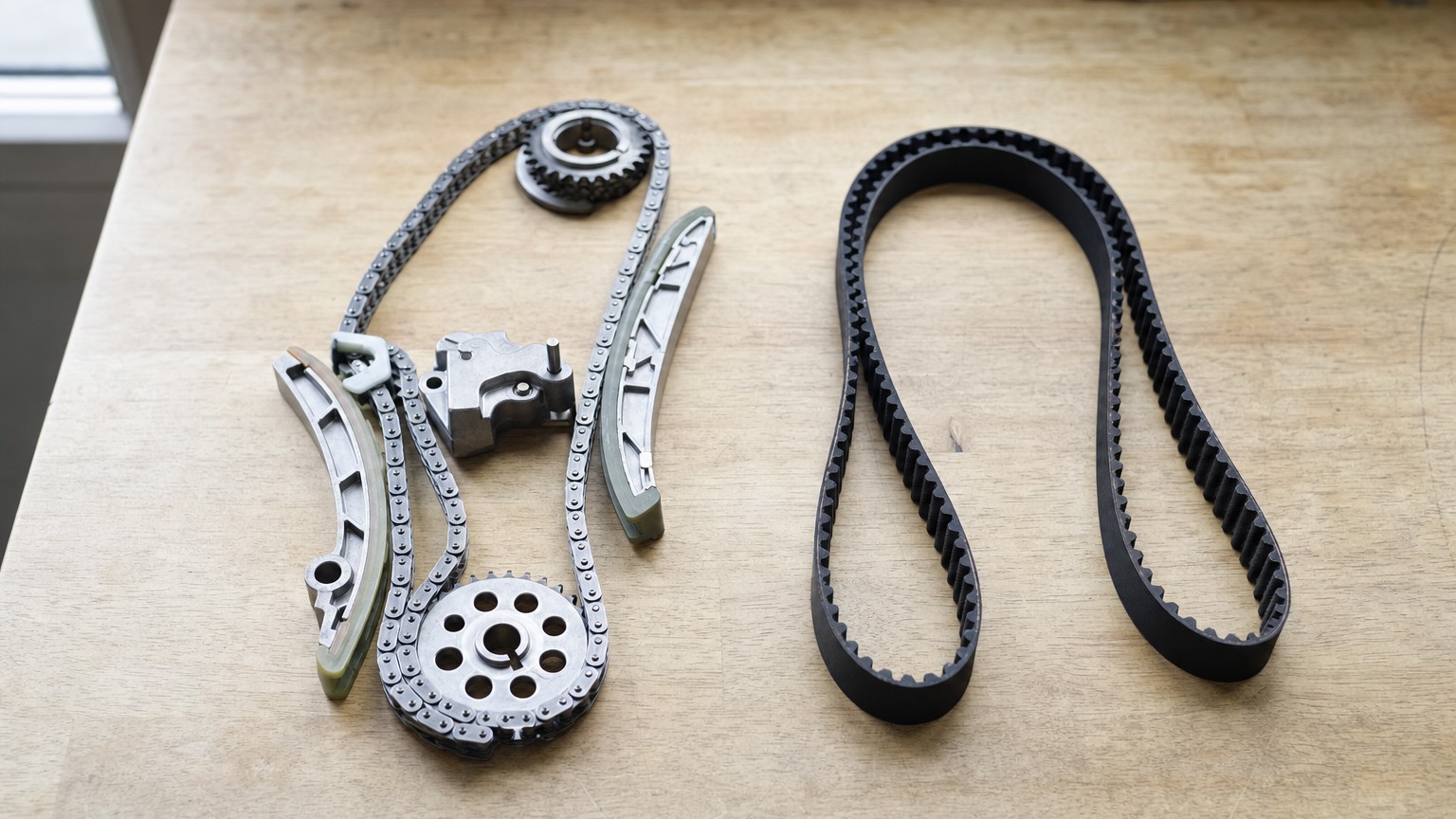 A steel timing chain with its tensioner beside a rubber toothed timing belt on a workshop bench