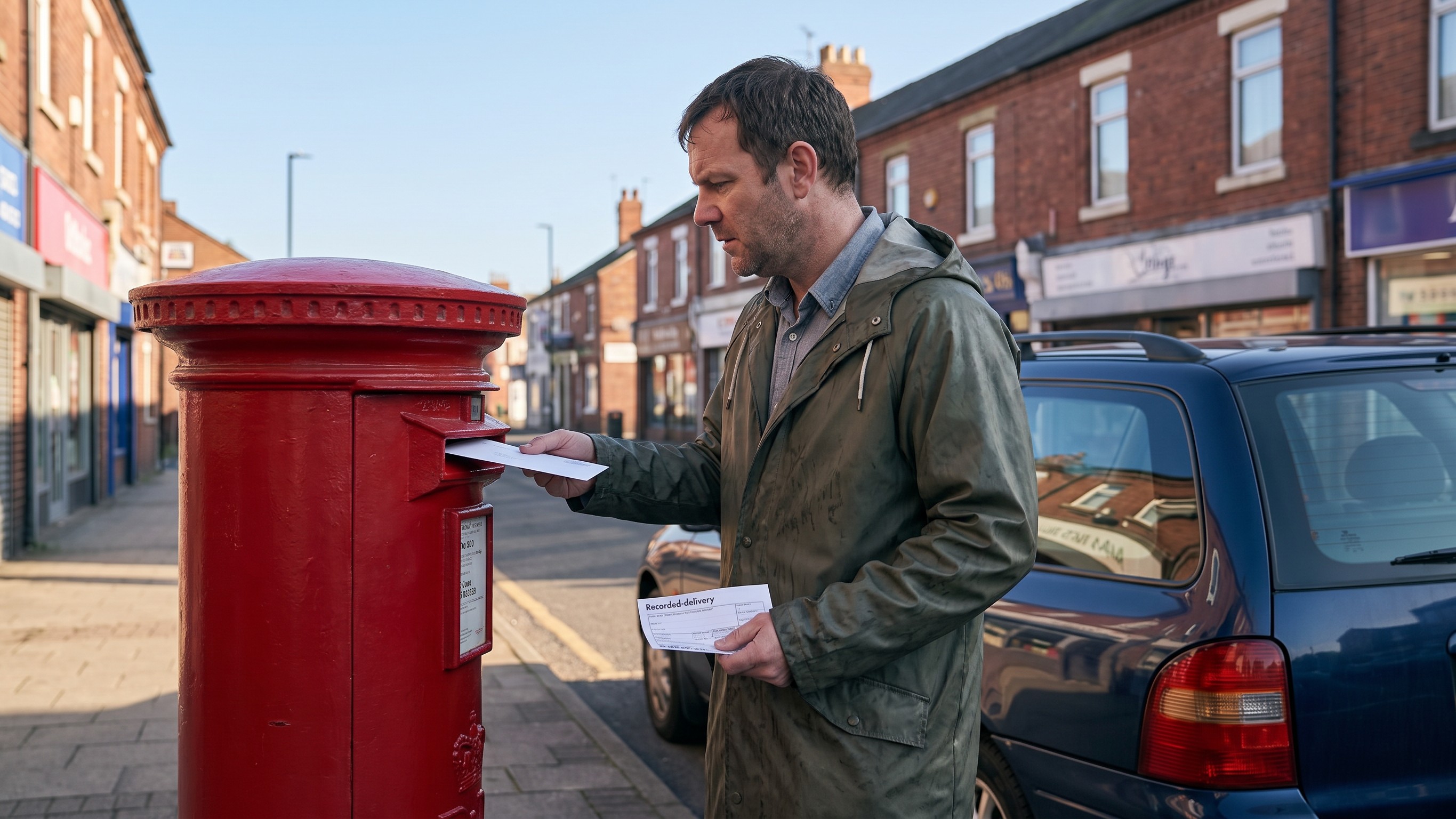 The chase letter going into a red postbox on a high street, the recorded-delivery slip in the other hand