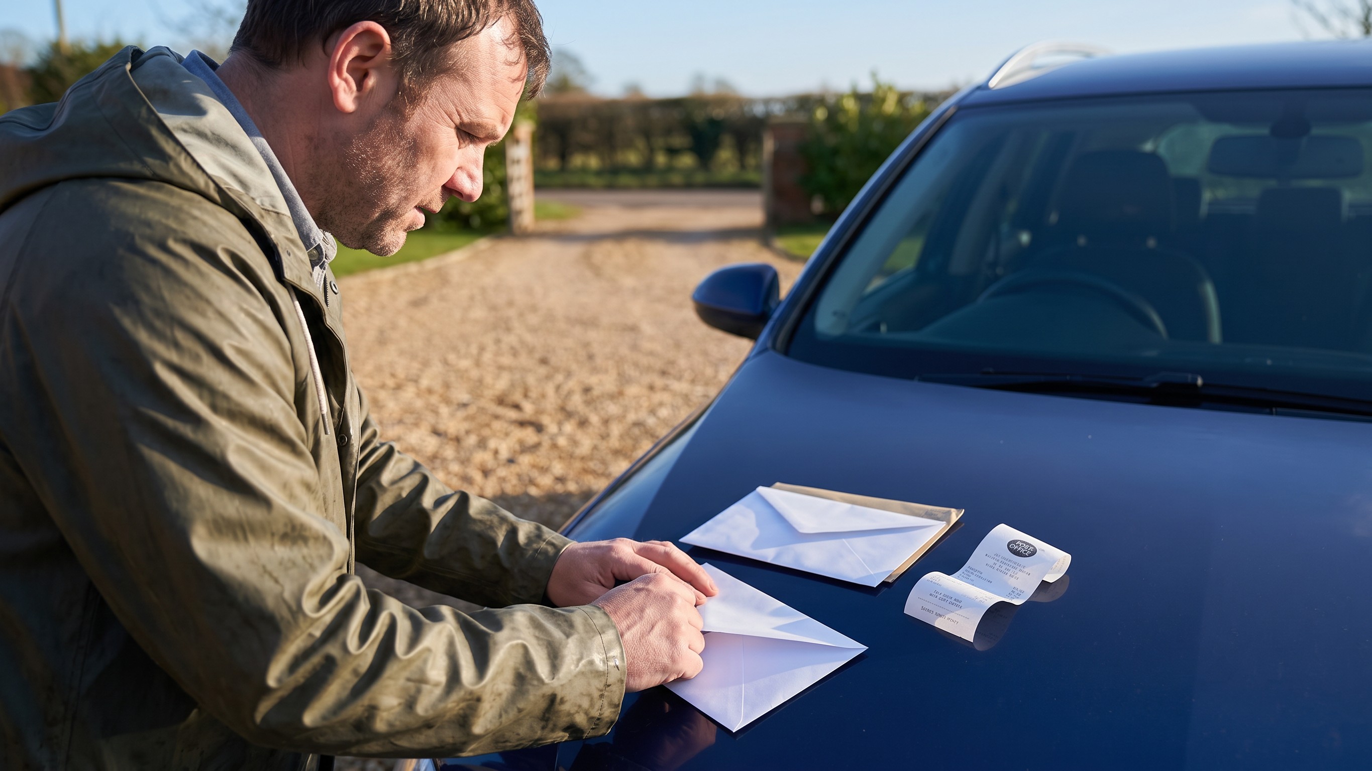 The letter before action sealed in an envelope on the bonnet of the car, the chase letter and its receipt beside it